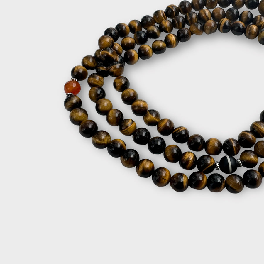 Natural Tiger Eye Mala with Agate and Carnelian Spacers
