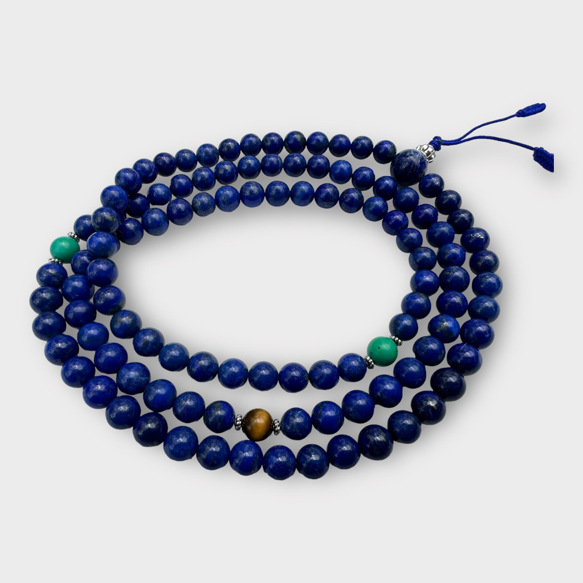 Natural Lapis Lazuli Mala with Turquoise and Tiger Eye Spacers