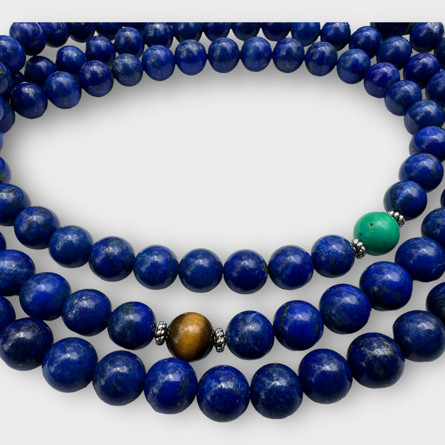 Natural Lapis Lazuli Mala with Turquoise and Tiger Eye Spacers