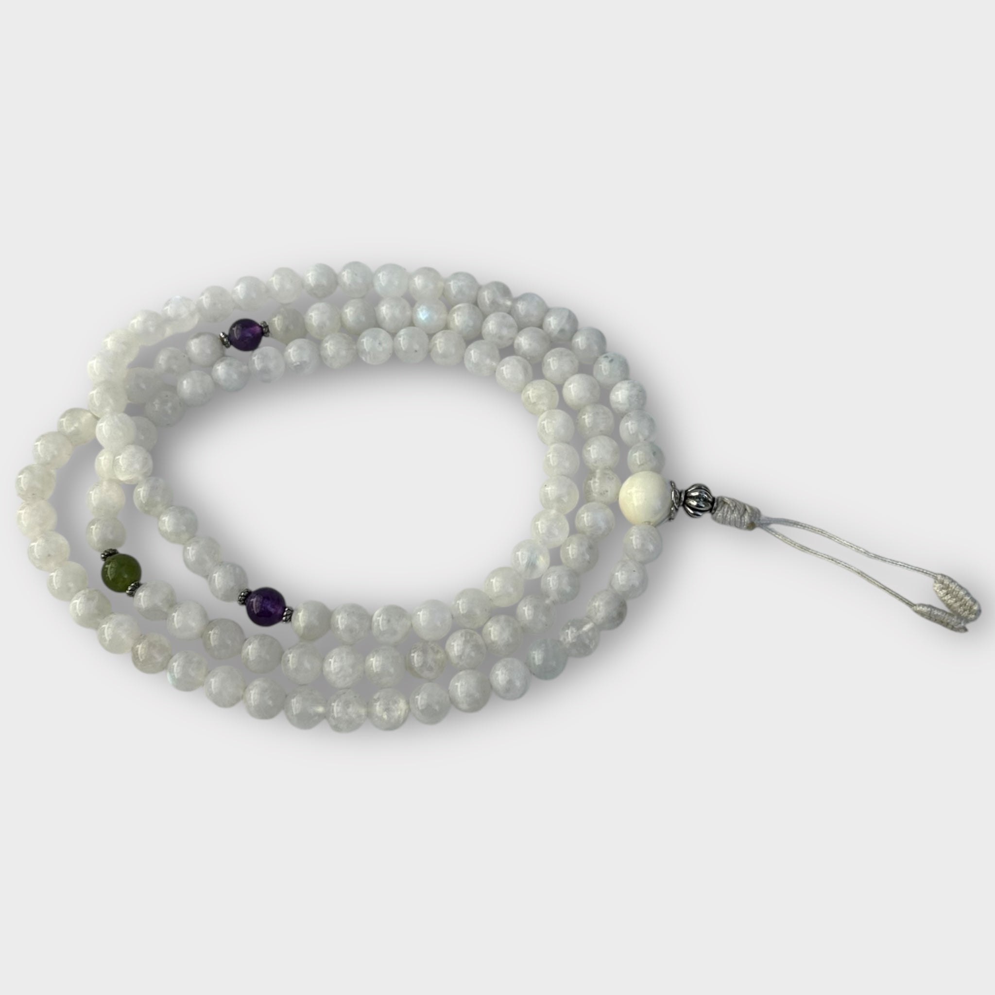 Natural moonstone Mala with amethyst and green jade spacers