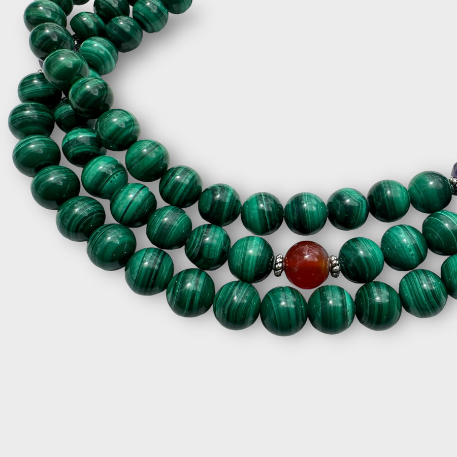Natural Malachite Mala with Amethyst and Carnelian Spacers