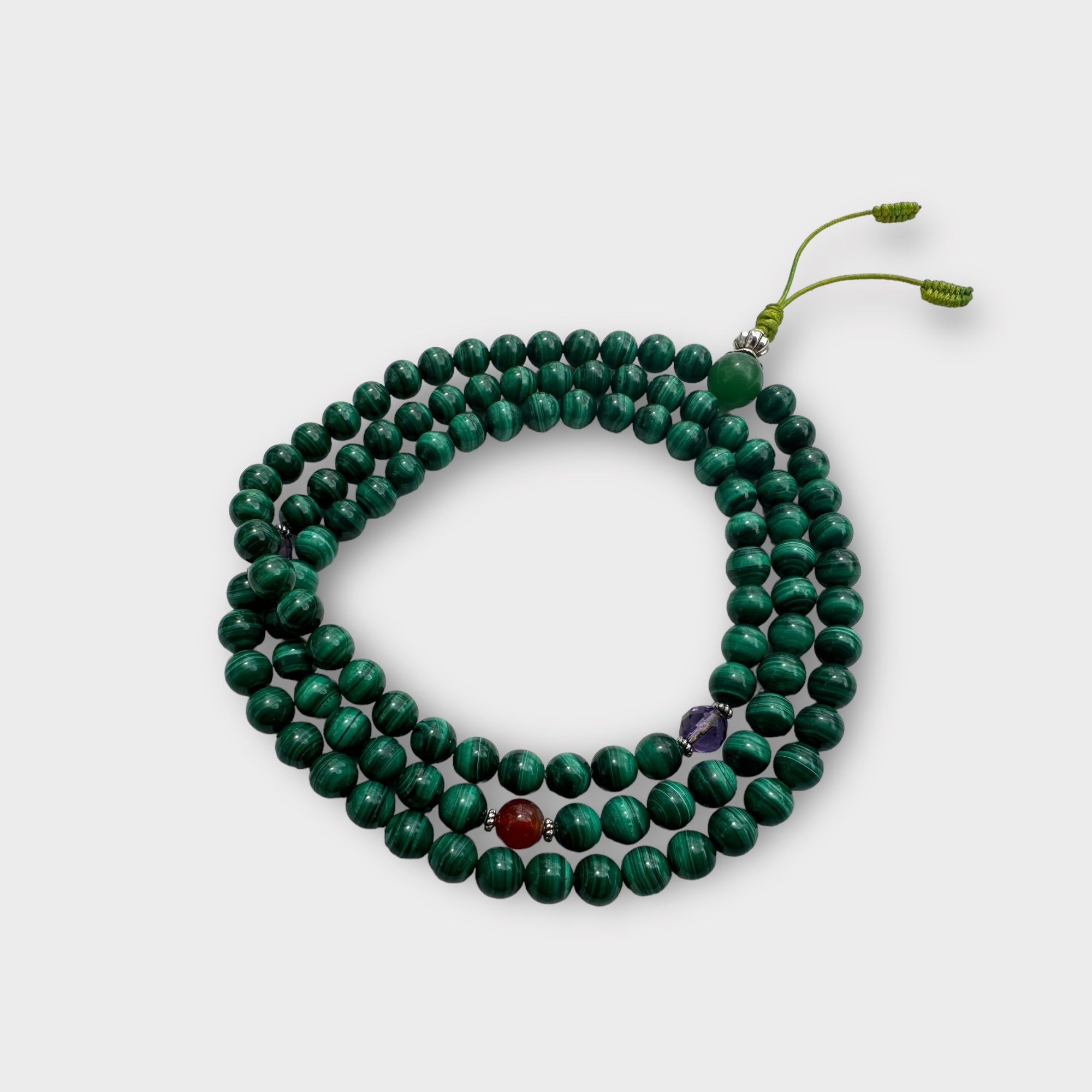 Natural Malachite Mala with Amethyst and Carnelian Spacers