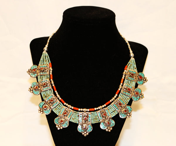 Turquoise and Coral Nepalese Silver and Brass Necklace With Earrings - Etsy